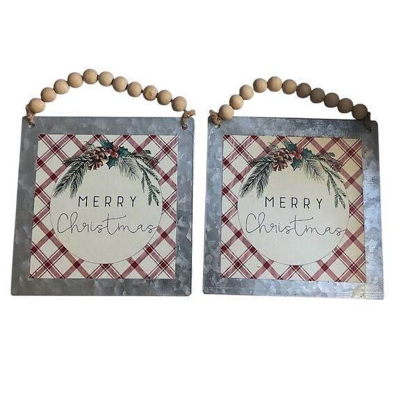 Merry Christmas Tree Ornaments Set/2 Farmhouse Wooden Bead Hang Galvanized Metal - Picture 1 of 1